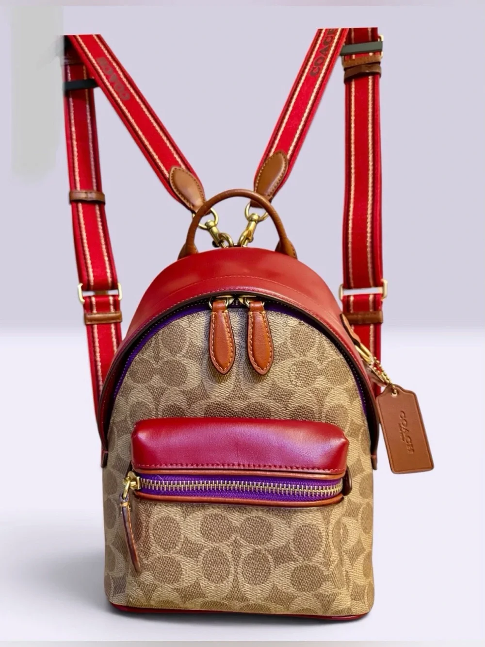 New Coach Charter Backpack in Signatr Coated Canvas & Leather: Red/Bge/Brw/Prpl.